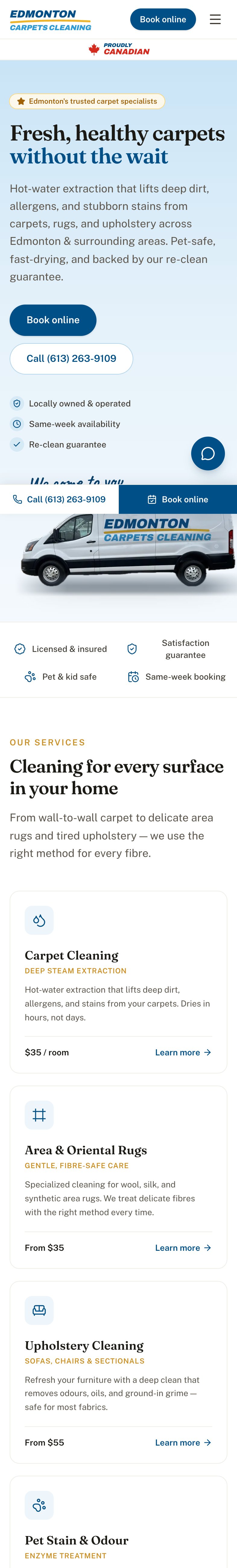 Edmonton Carpets Cleaning website on a phone